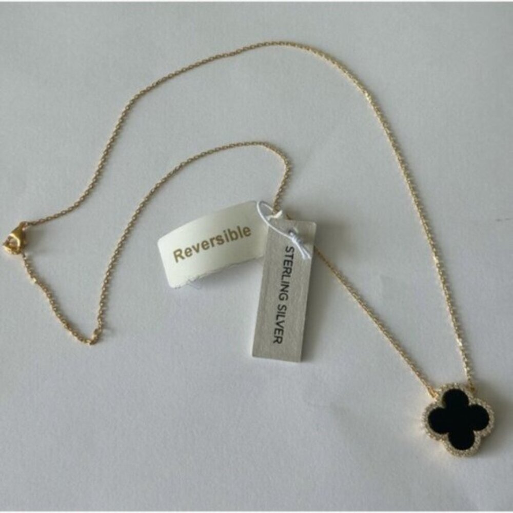 Rachel Zoe Sterling Silver 925 Gold Plated Clever Reversibl Necklace Pearl Onyx - Picture 9 of 16